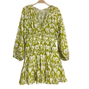 Charina Sarte Green Patterned Winds Long Sleeve V‎ Neck Womens Mini Dress Medium